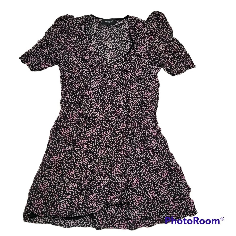 The Kooples Faux Wrap Mini Dress Puffed Sleeves Fully lined Pink Confetti Small